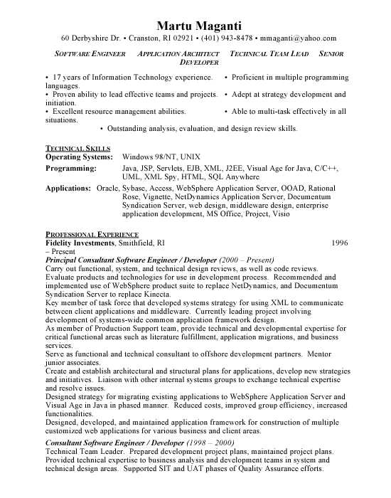 application architect sample resume