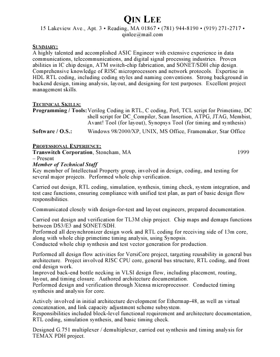 ASIC Engineer Sample Resume