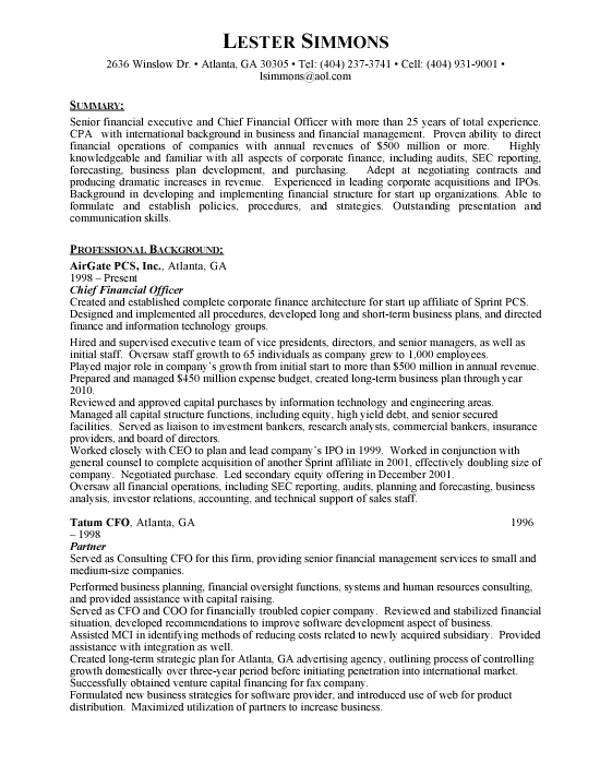 chief financial officer sample resume