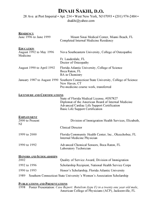 simple resume format. clinical director sample