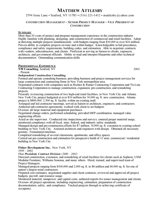 construction management sample resume