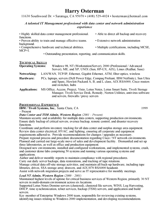 data center manager sample resume