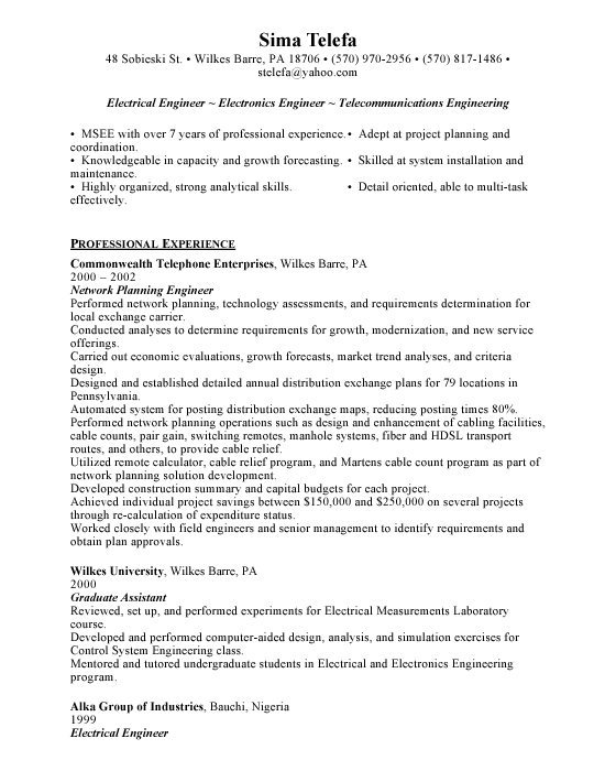 Professional resume format electrical engineer