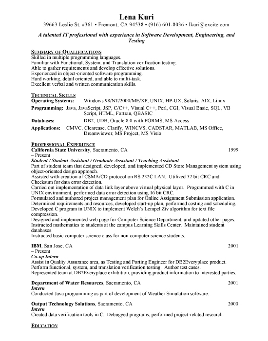 entry level programmer sample resume