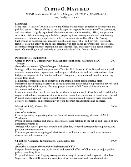 Sample resume of administration executive