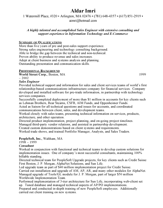 engineering student resume format. Sales Engineer Sample Resume