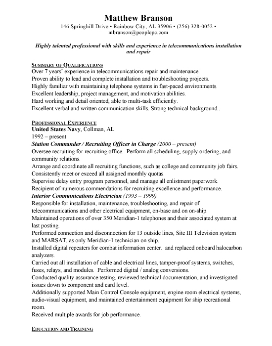 telecommunications sample resume