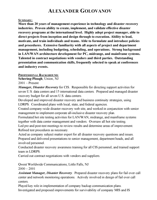 Disaster Recovery Manager Sample Resume