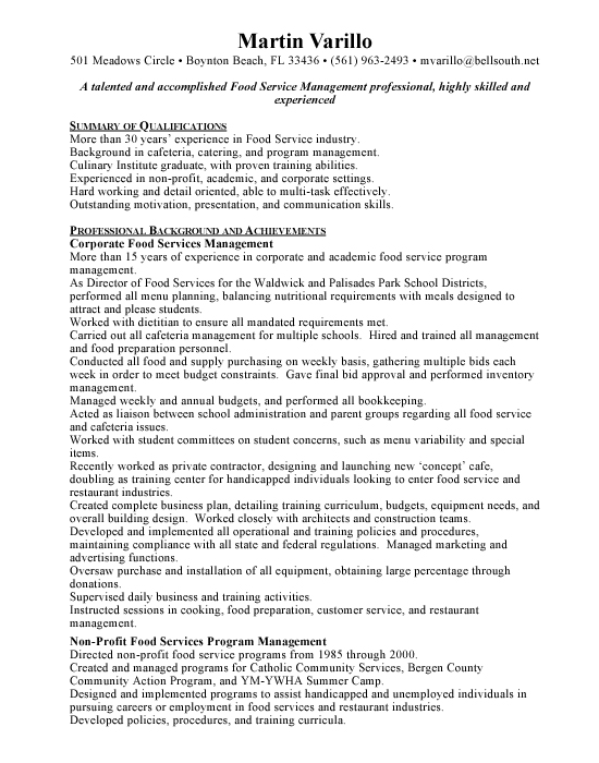 Food Services Manager Sample Resume