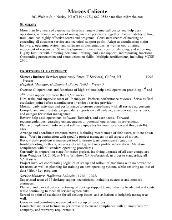 Help Desk Manager Sample Resume