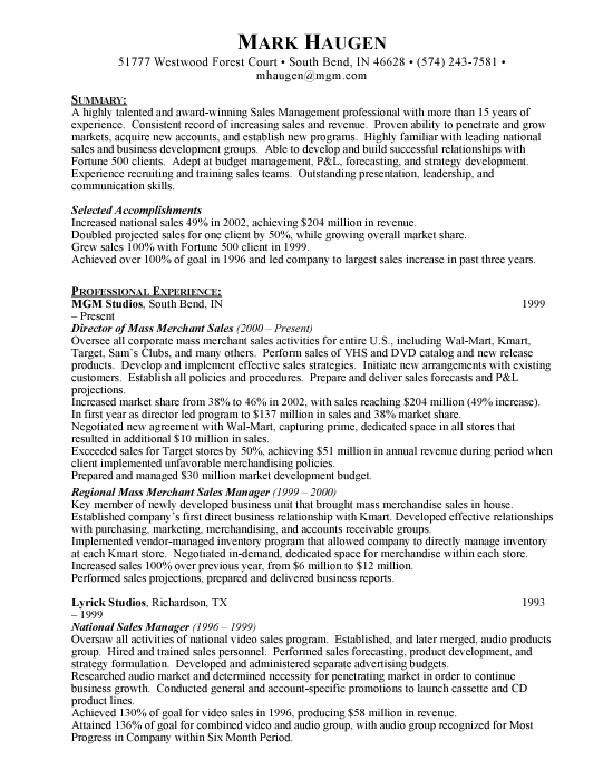 National Sales Manager Sample Resume