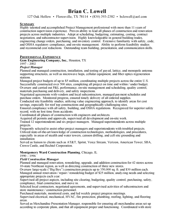 Construction Manager Sample Resume