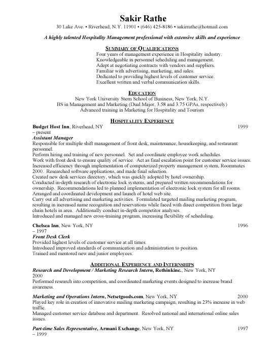 Hospitality Management Sample Resume