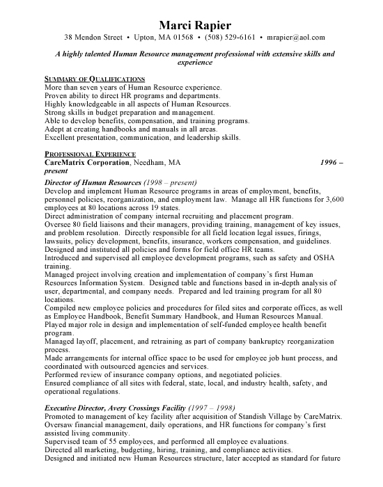 Director of Human Resources Sample Resume