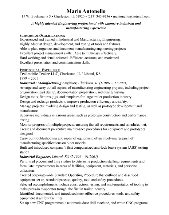 Industrial Engineer Sample Resume