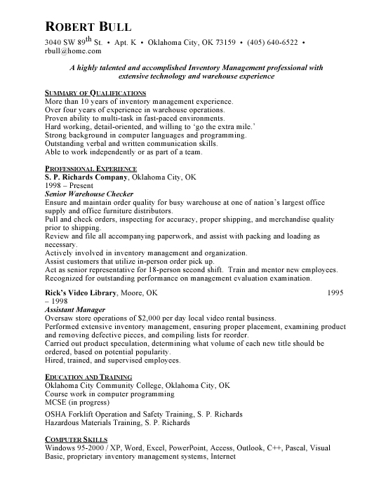 Inventory Management Sample Resume