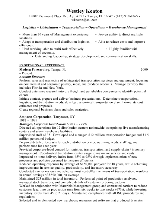 Logistics Manager Sample Resume