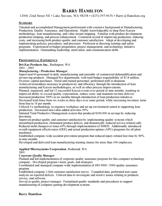 Manufacturing Sample Resume