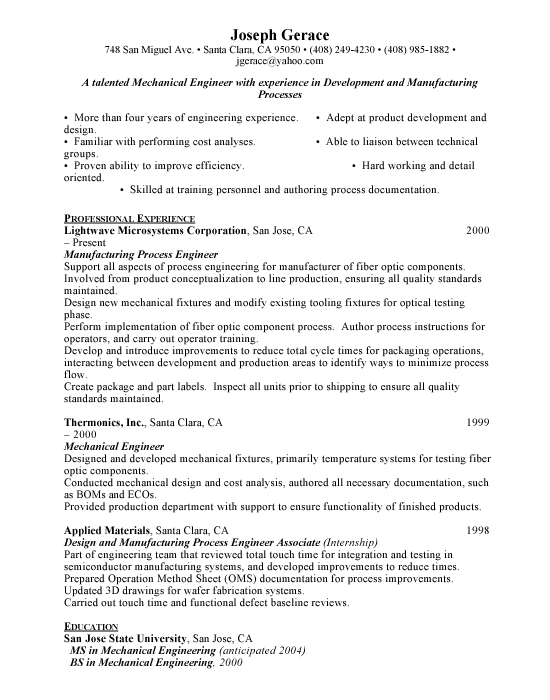 Mechanical Engineer Sample Resume