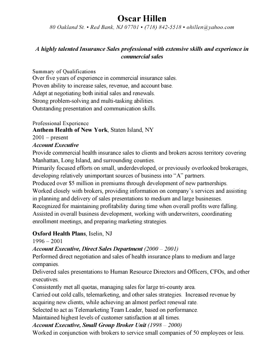 Medical Insurance Sales Sample Resume