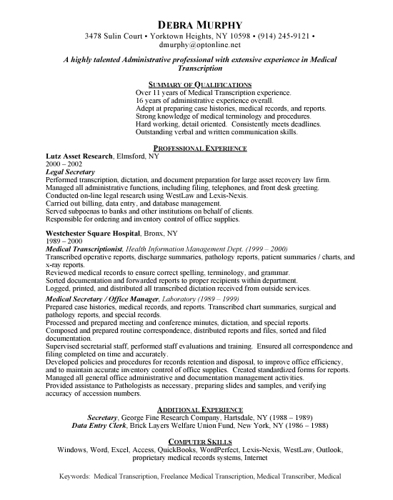 Medical Transcription Sample Resume