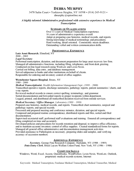 Medical Transcription Sample Resume Medical Transcription Sample Resume