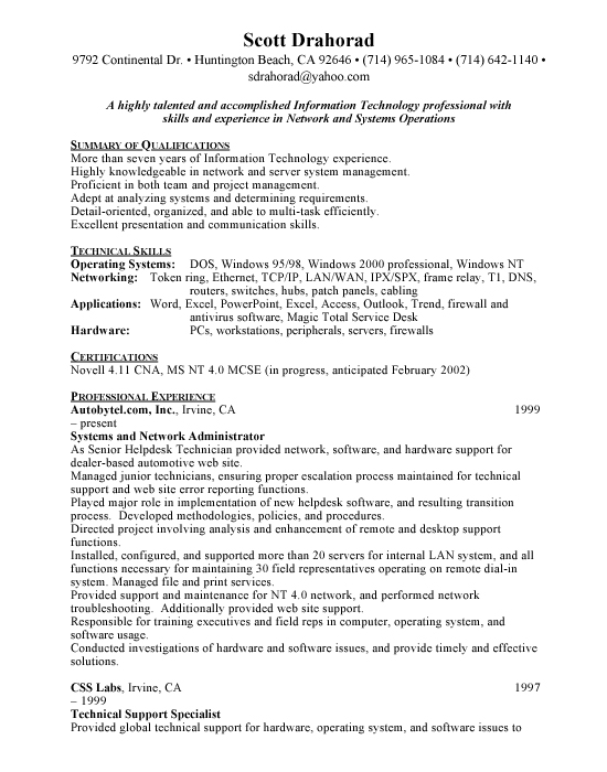 Network Operations Sample Resume