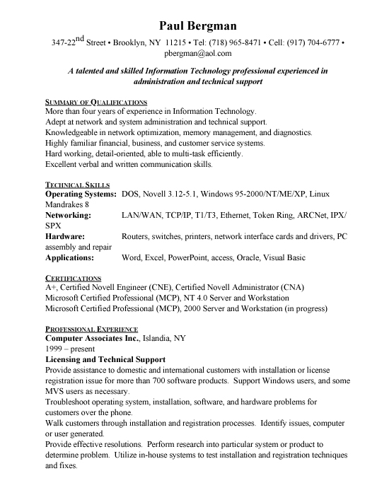 Network Support Sample Resume