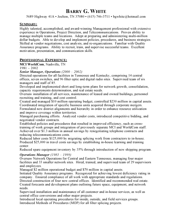 Senior Manager Sample Resume