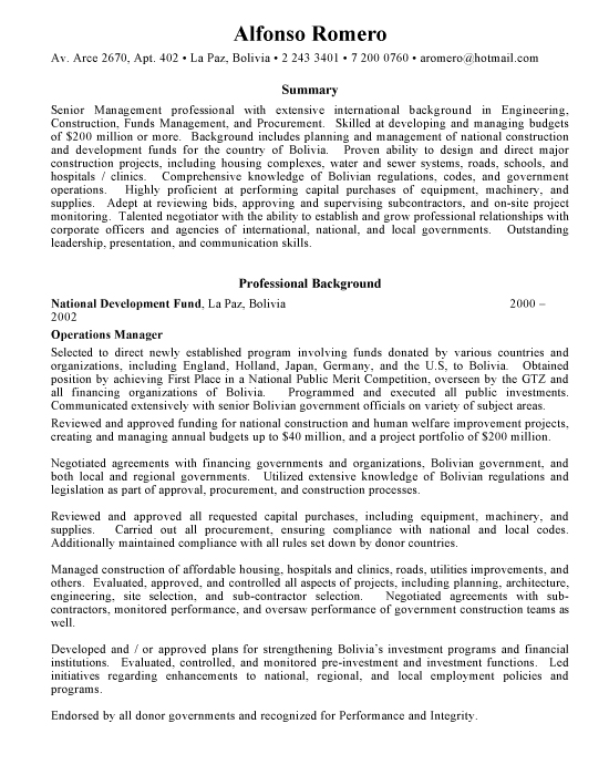 Operations Management Sample Resume