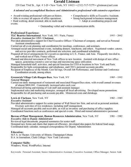 Personal Assistant Sample Resume