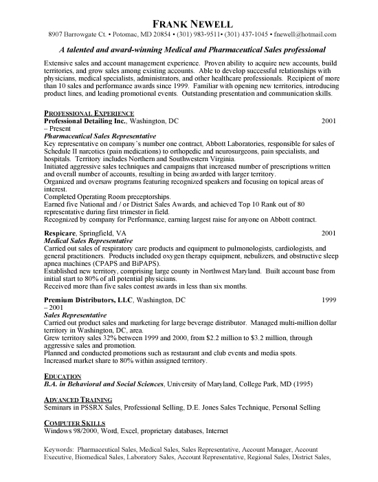Pharmaceutical Sales Sample Resume Pharmaceutical Sales Sample Resume