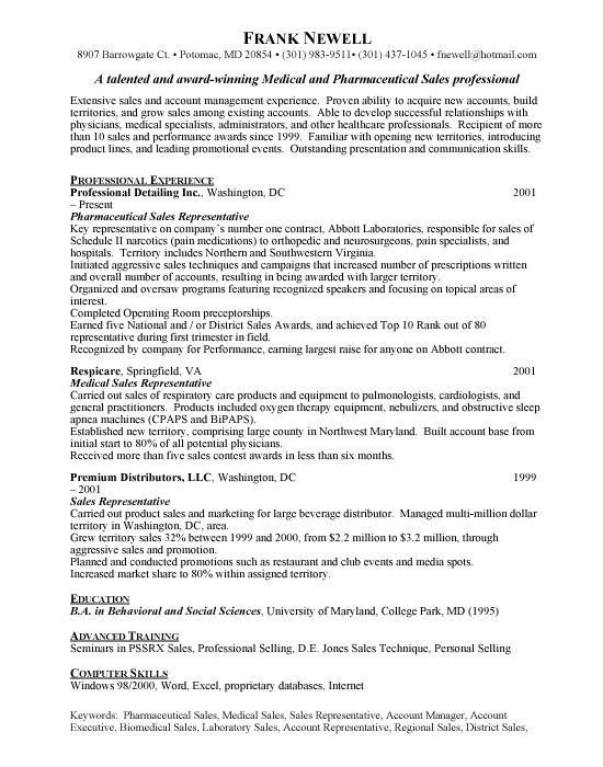 Pharmaceutical  Sales Sample Resume