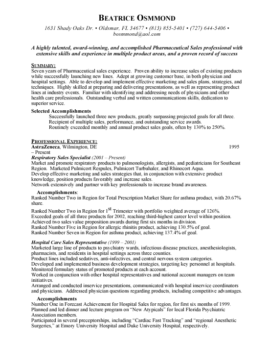 Pharmaceutical Sales Resume Sample Pharmaceutical Sales Resume Sample
