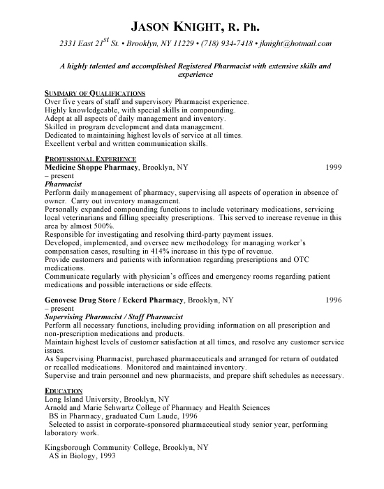 Pharmacist Sample Resume