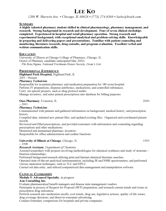 Example of pharmacist resume