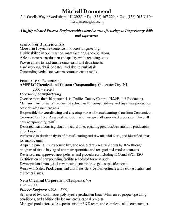 Process Engineer Sample Resume