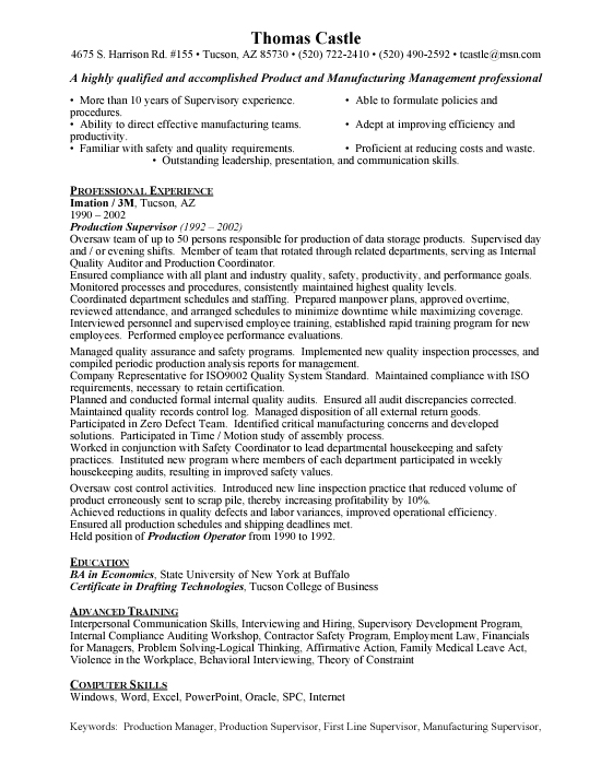 Production Manager Sample Resume