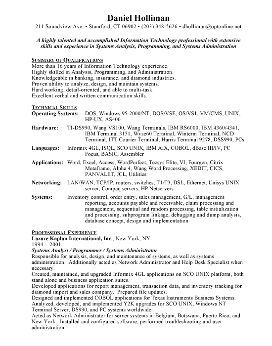 Systems Analyst Sample Resume