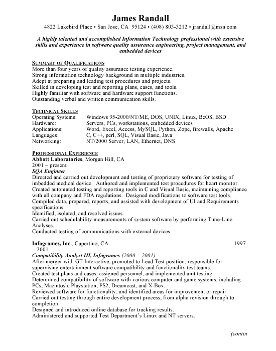 QA Engineer Sample Resume