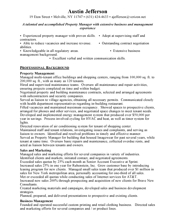 Property Manager Sample Resume