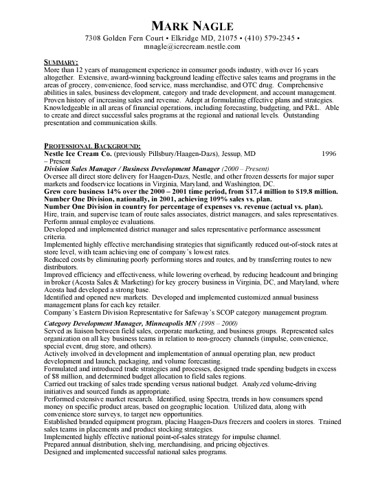 Divisional Sales Manager Sample Resume