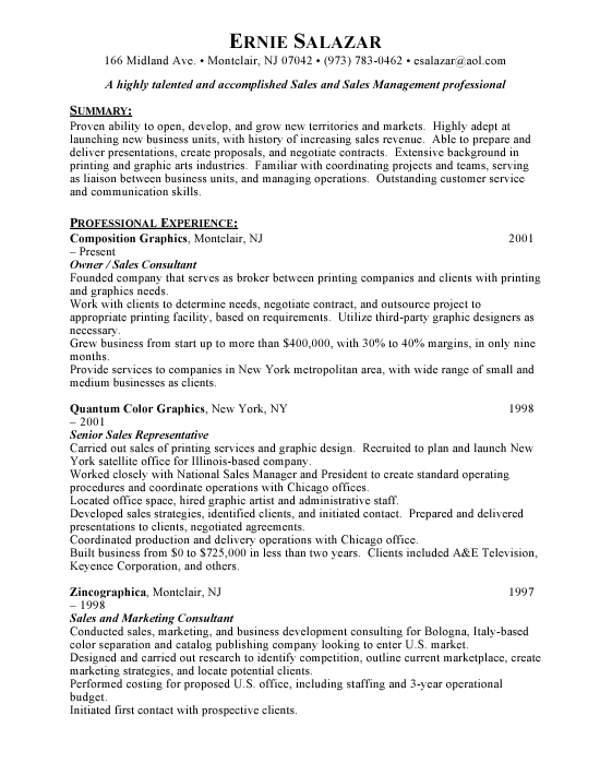 resume outline sample. Printing Sales Sample Resume