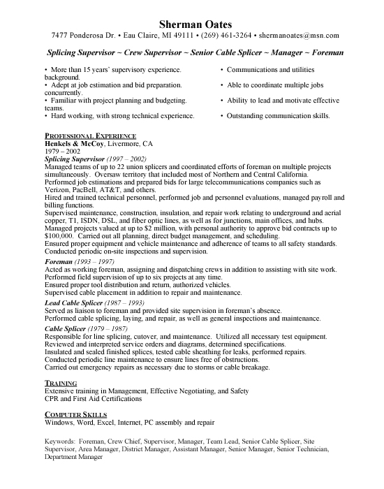 curriculum vitae format samples. Cable Splicer Sample Resume