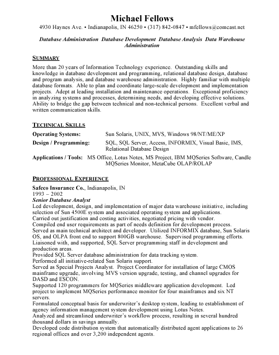 Senior Database Analyst Sample Resume Template Example