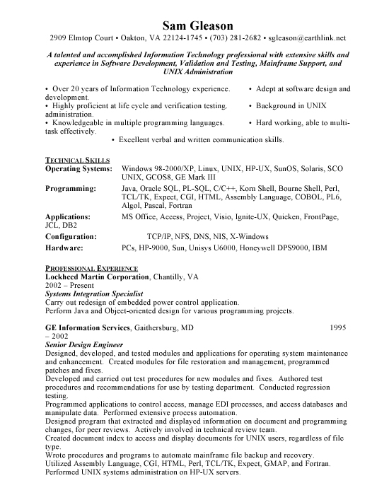 example of resume. Software Design Sample Resume