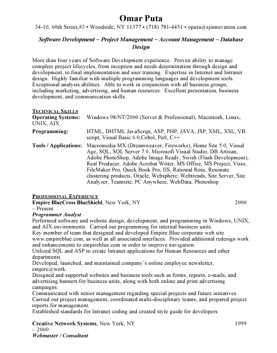 curriculum vitae format samples. Software Developer Sample