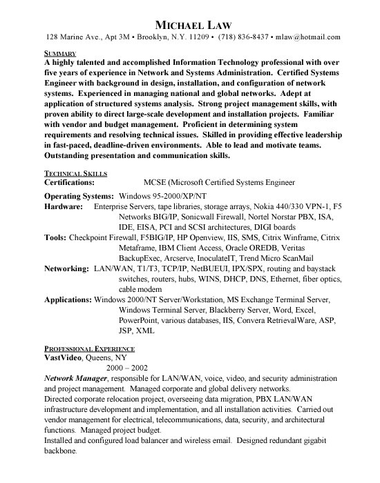 Network Systems Administration Sample Resume Template Example