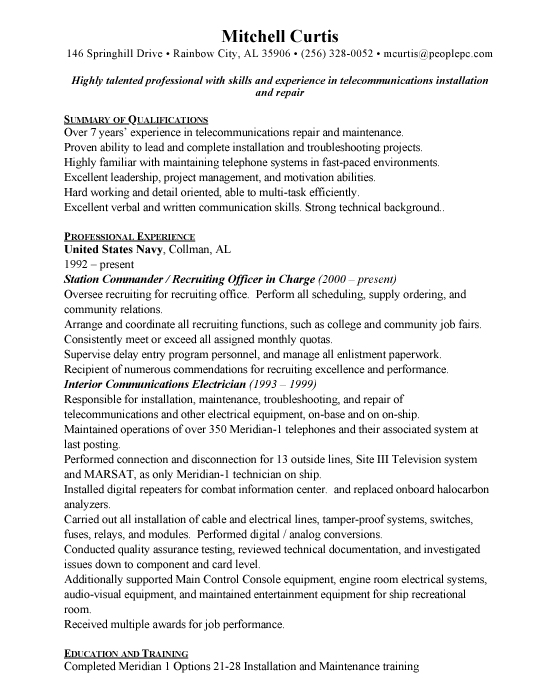 Military Sample Resume Template Example