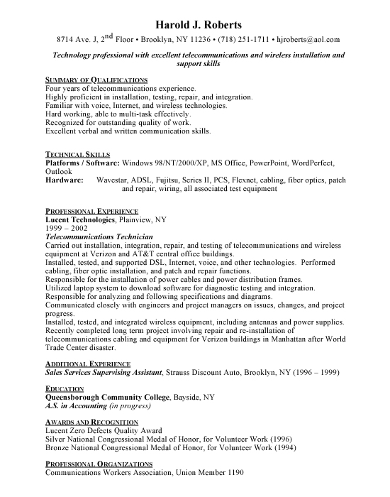 Telecommunications Technician Sample Resume Example Template Telecommunications Technician Sample Resume Example Template